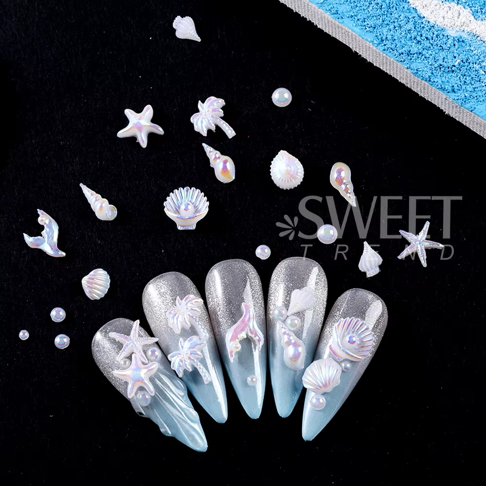 SWEET TREND - 12 compartiments de breloques 3D pour nail art sur le thème de l'océan : coquillages Aurora