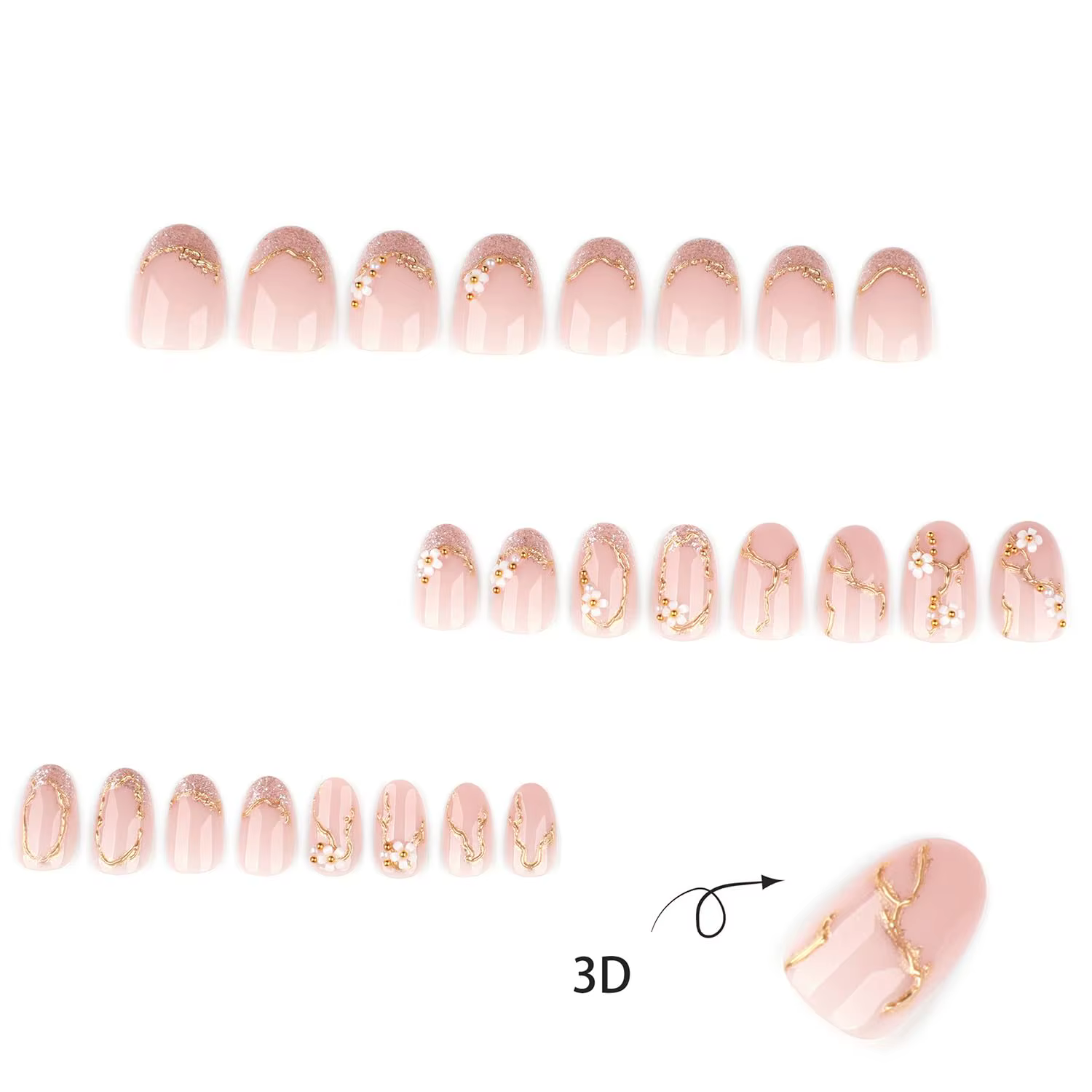 Faux ongles à presser courts en amande rose avec motifs floraux 3D
