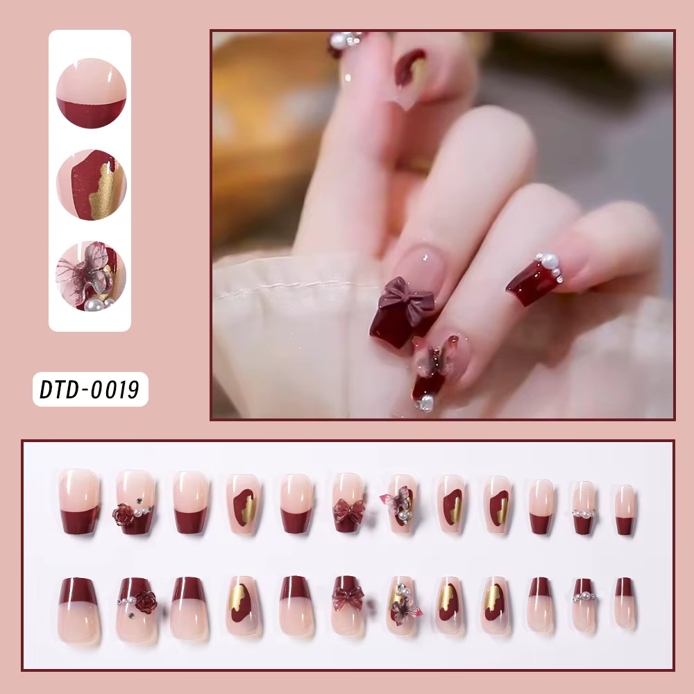 24 pièces rose imprimé léopard court carré presse sur ongles français arc portable faux