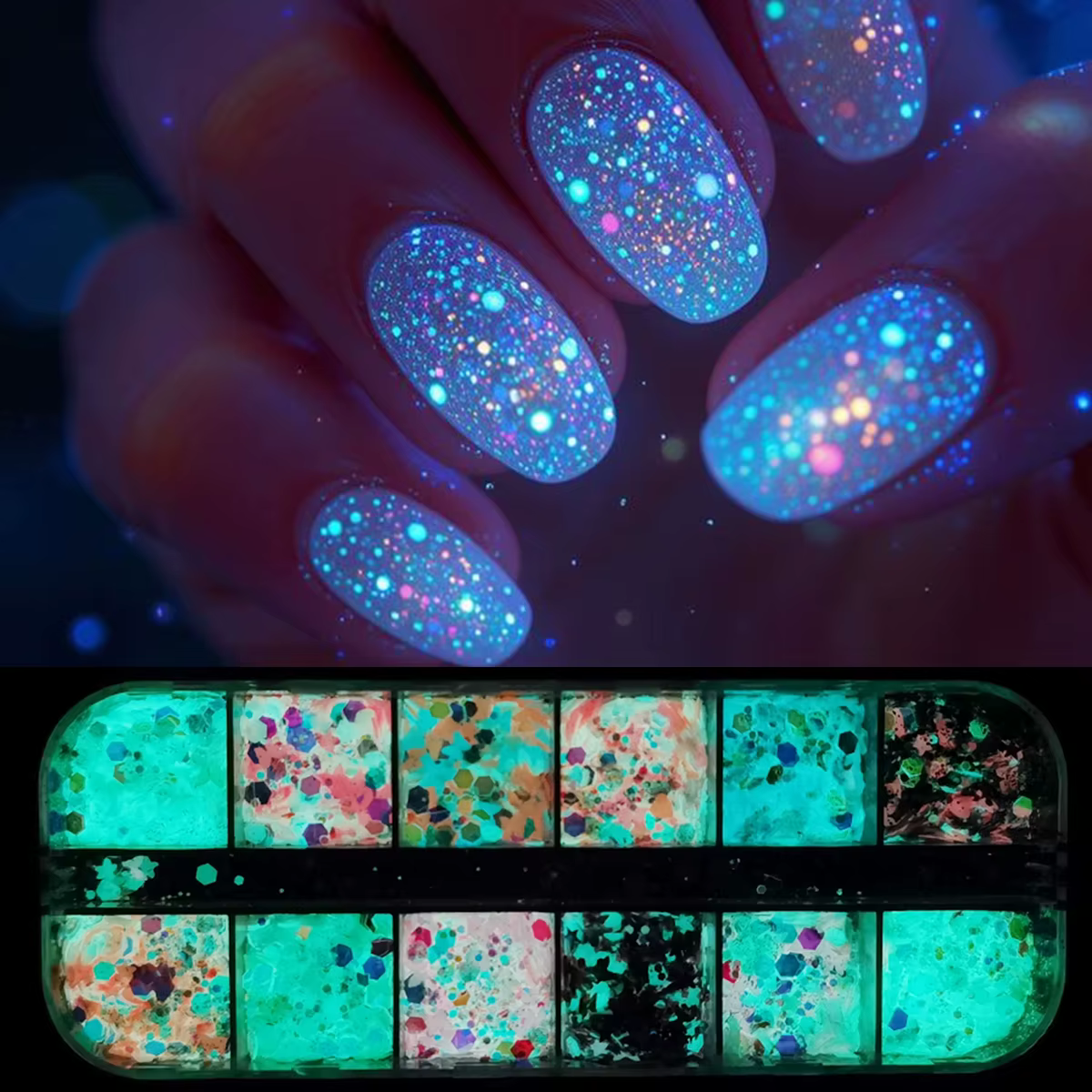 12 grilles brillent dans la nuit paillettes poudre à ongles caméléon lumineux hexagone