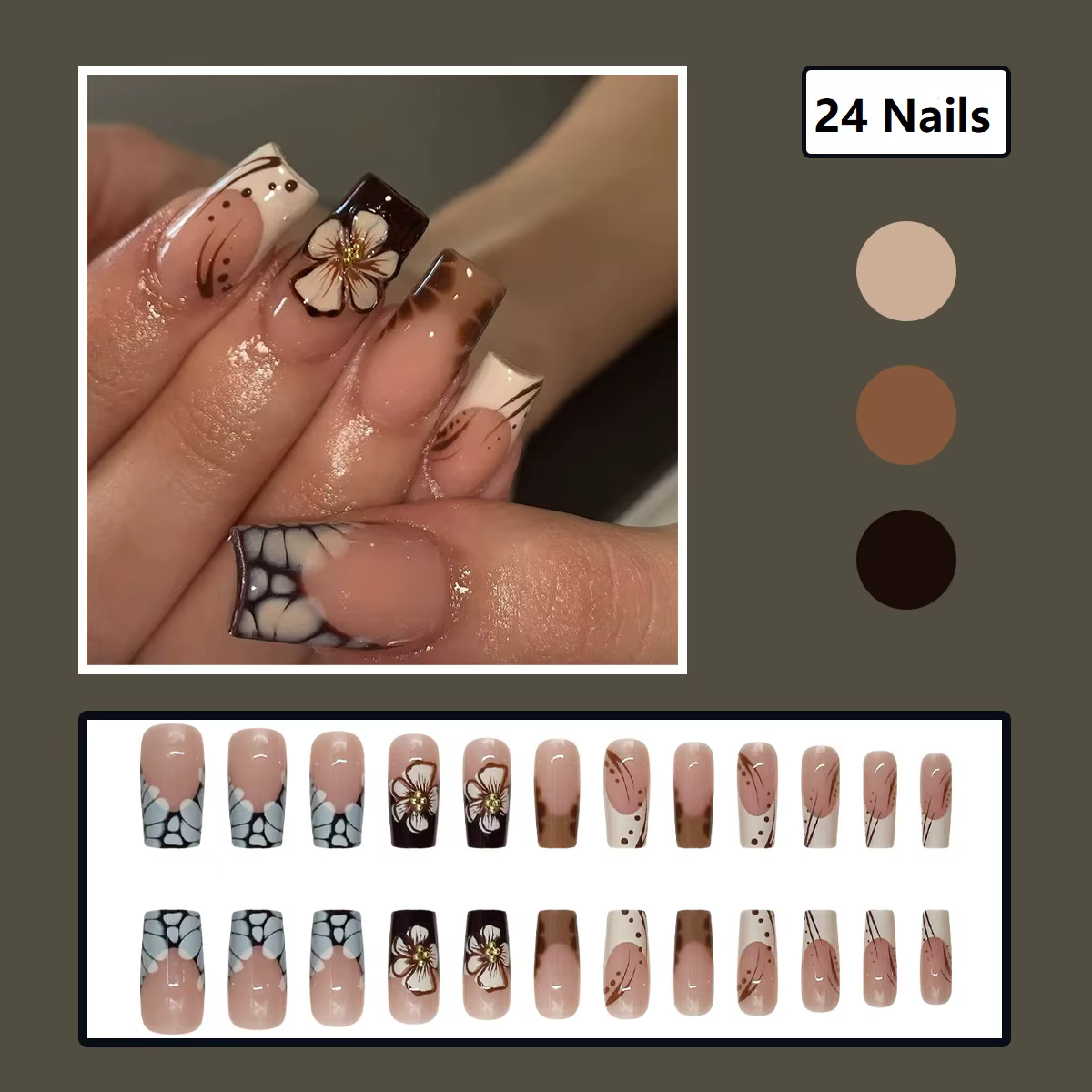 Faux ongles à pression marron carrés moyens avec motifs bâton de fleurs