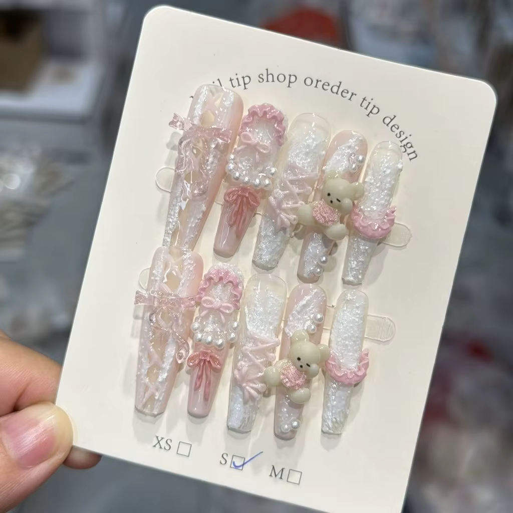 10 Pièces Faux Ongles à Presser Faits Main French Manucure en Dentelle
