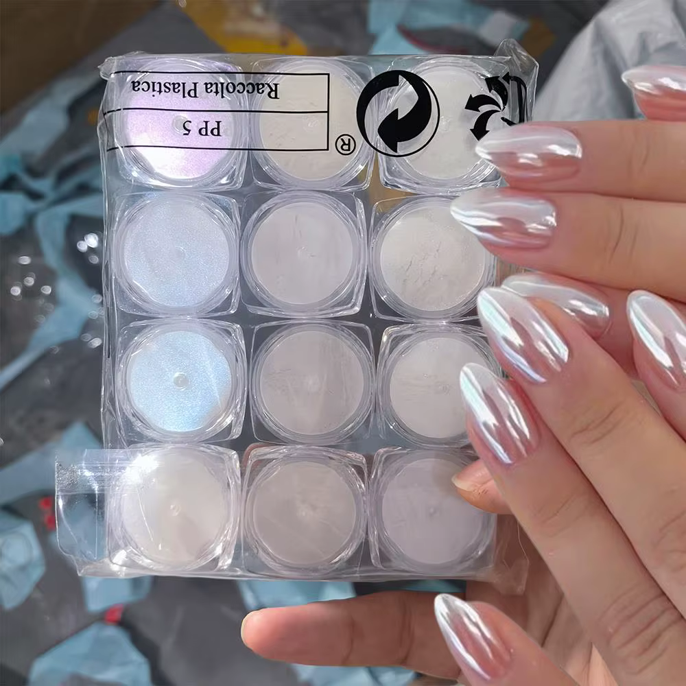 12 pièces/ensemble Aurora blanc ongles miroir poudre 0.3g/pot miroitant clair de lune Chrome Pigment poussière pour UV Gel vernis manucure décorations