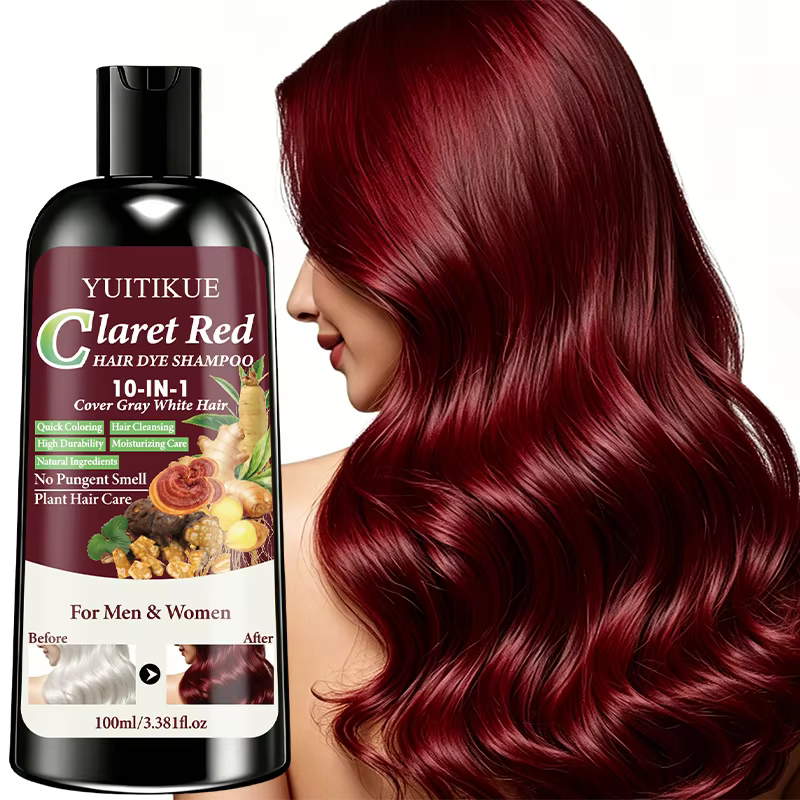 Shampoo colorant capillaire rouge claret 10 en 1, à base de plantes naturelles, coloration rapide, couvre les cheveux gris et blancs, longue durée, soin capillaire doux, 100ml