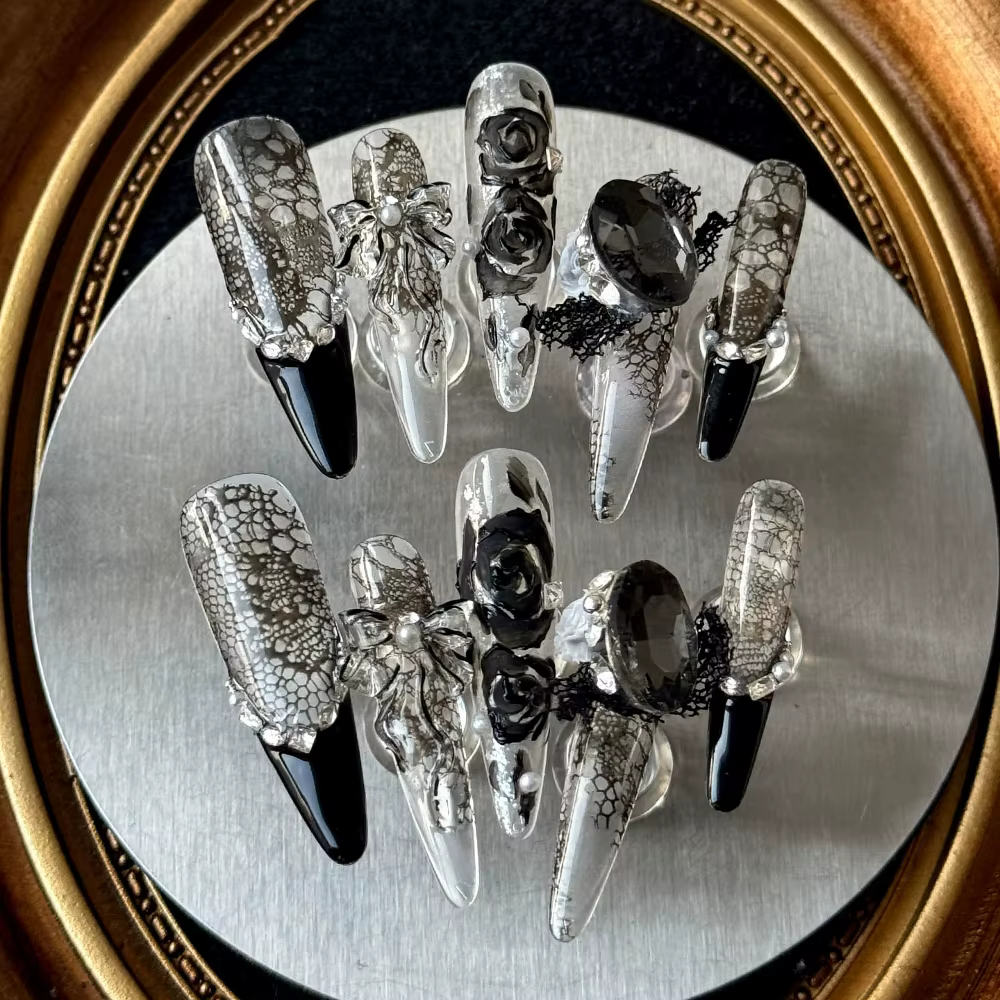 10 pièces haut de gamme fait à la main longue cercueil Ellipse portable couverture complète ongles fleur nœud papillon