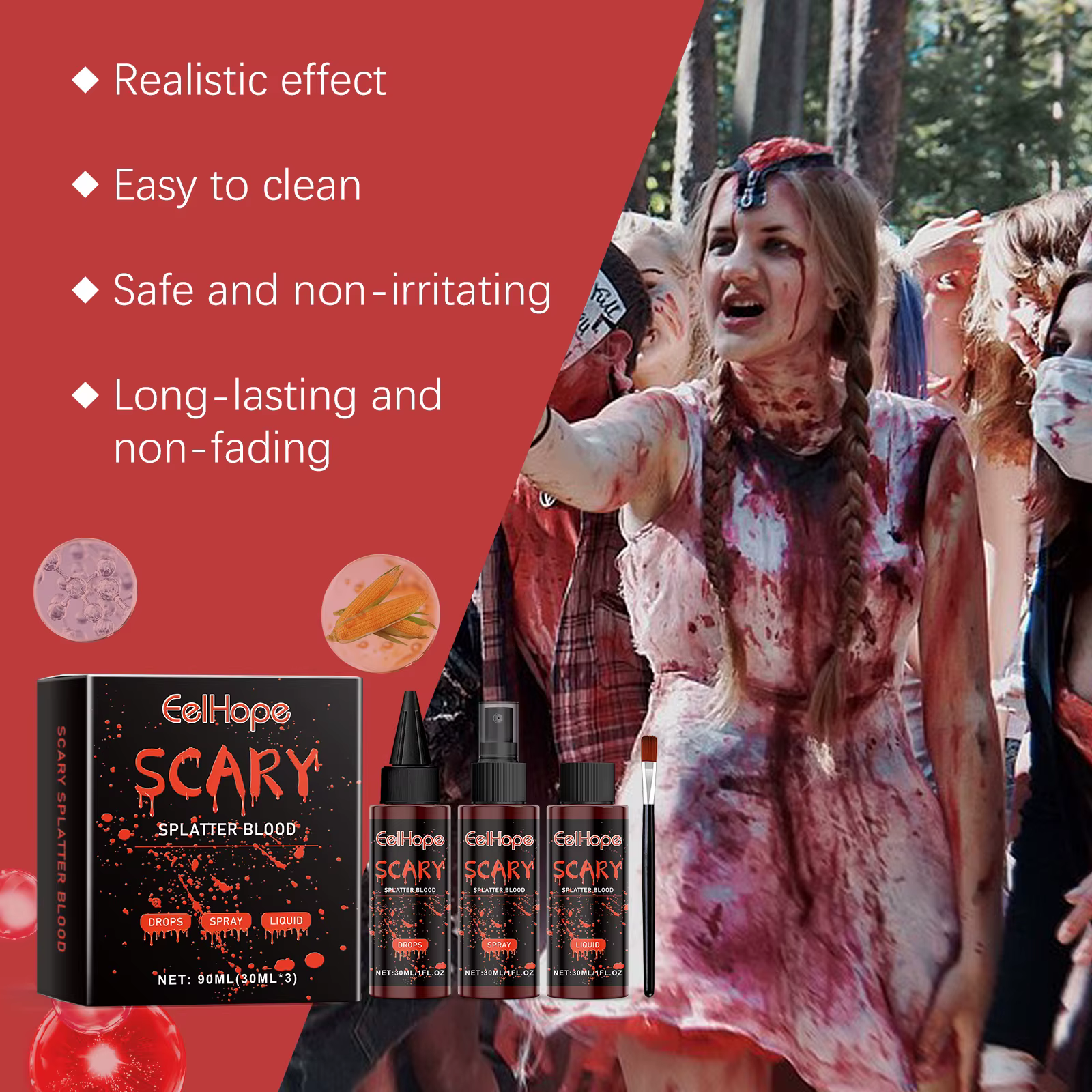 Kit de maquillage de faux sang pour Halloween, goutte de sang, Vampire, Zombie, Cosplay, lavable, faux sang, Spray pour fête, outil rouge d'horreur