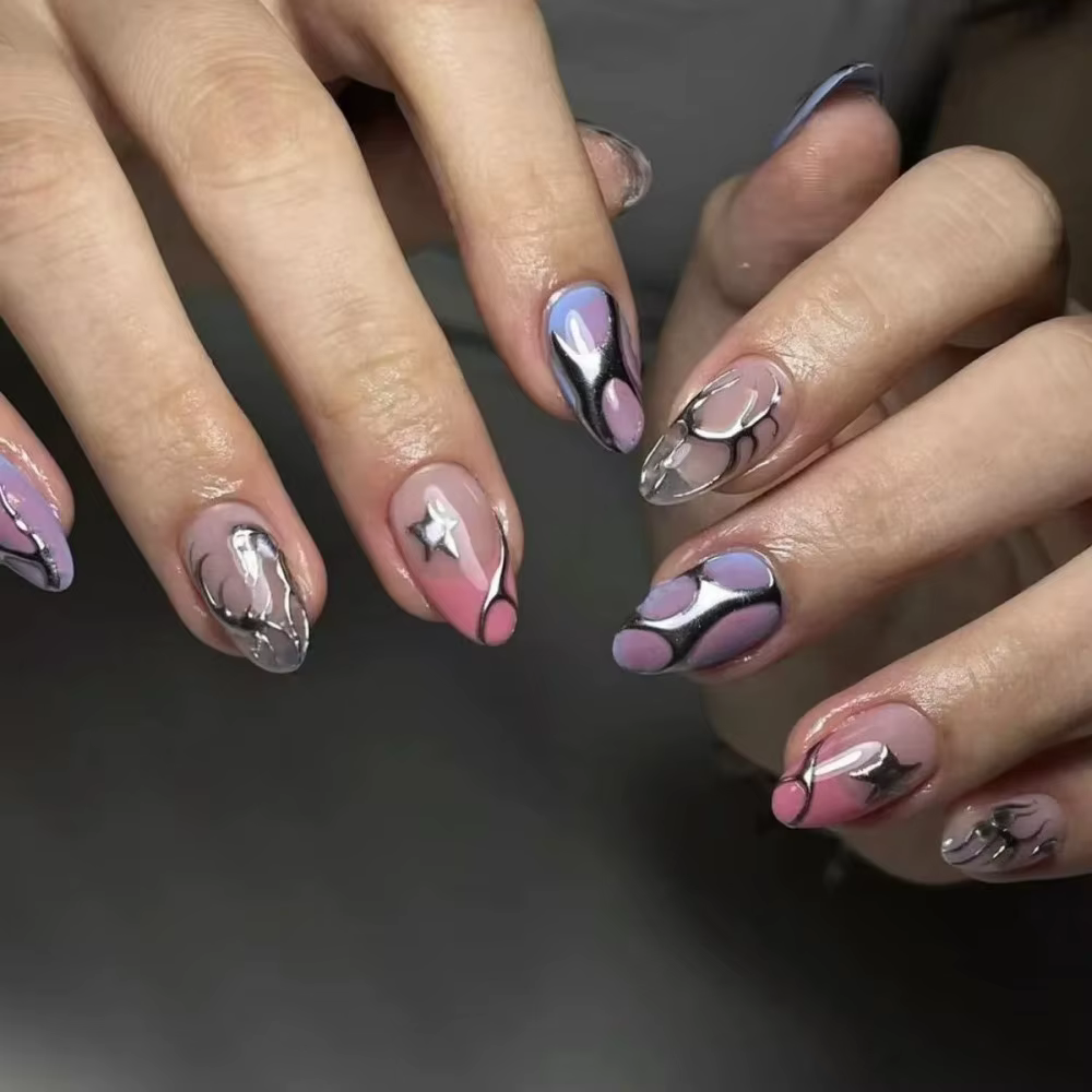 24 faux ongles à presser roses brillants en forme d'amande courte