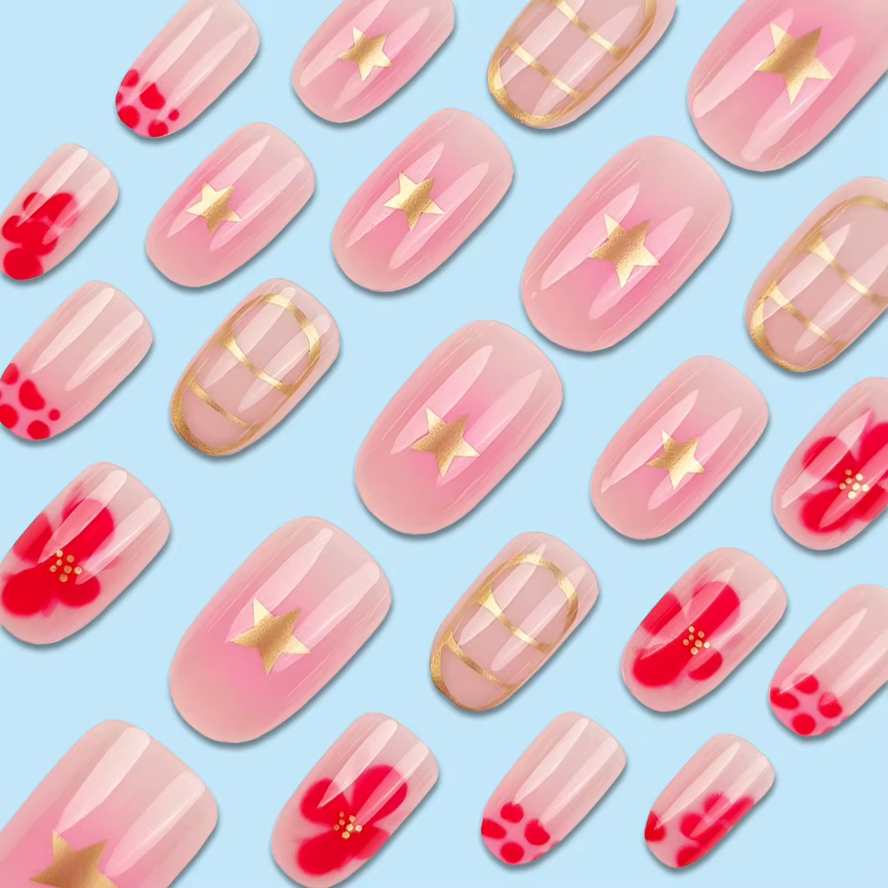 24 pièces pointes d'ongles décoration florale ronde courte pour ongles avec outils presse esthétique