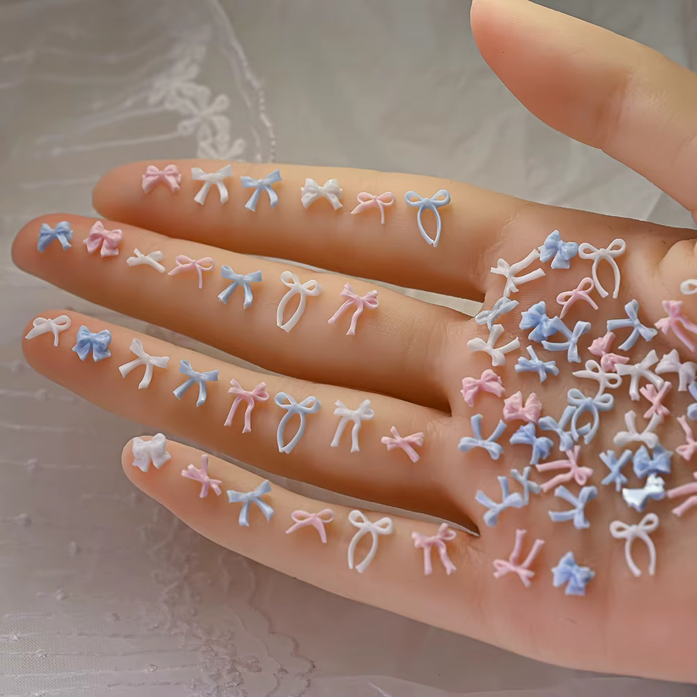 100 pièces 3D bébé bleu mixte nœud papillon Nail Art décorations résine doux ruban arcs ongles breloques pour bricolage artisanat manucure accessoires