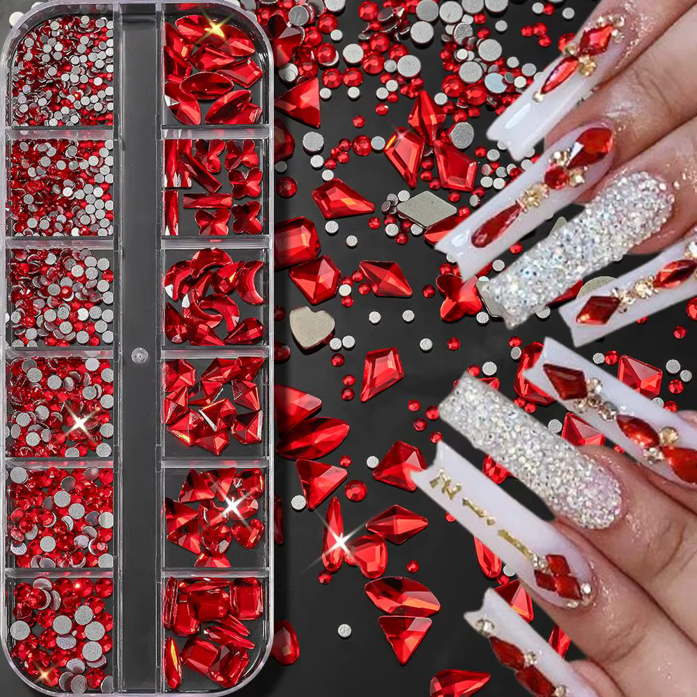 12 grilles 3D noël rouge forme aléatoire Nail Art strass verre scintillant Flatback diamant