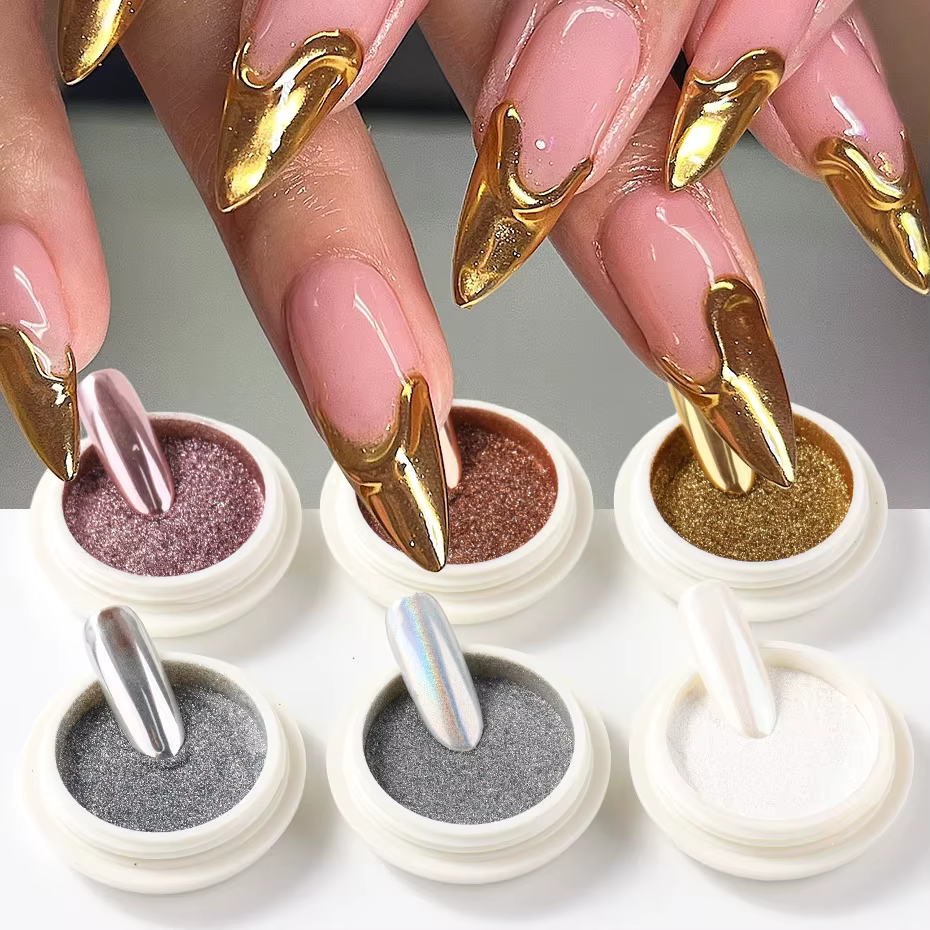 6 pièces de poudre à ongles chromée effet miroir blanc