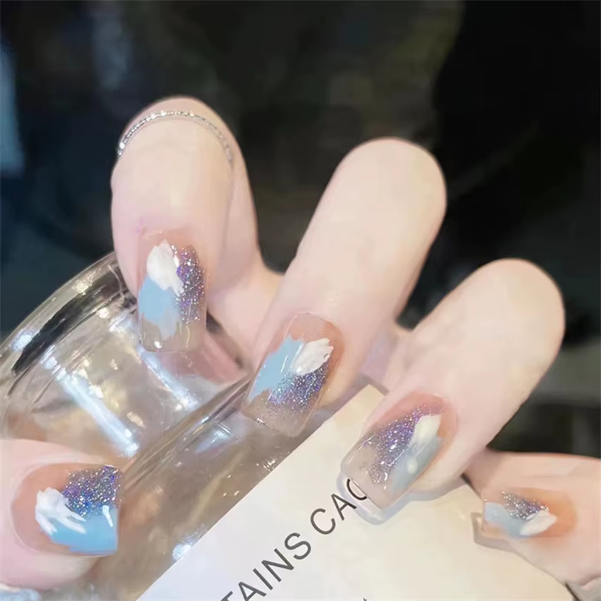 24 pièces/ensemble français court carré acrylique portant des faux ongles couverture complète adhésif