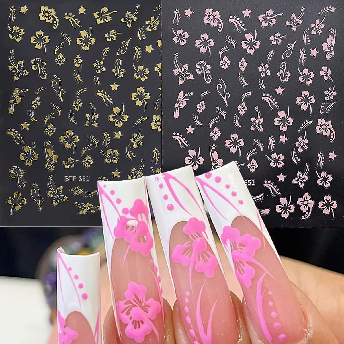 Autocollant pour ongles motif fleur d'hibiscus rose et blanc