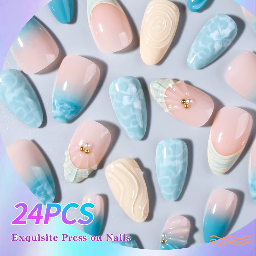 24 pièces par ensemble. Faux ongles courts en gel 3D en forme d'amande