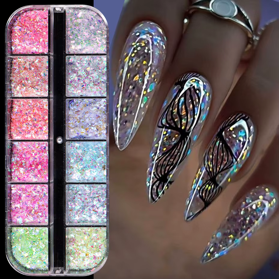 12 grilles Aurora caméléon ongles paillettes flocons irréguliers cristal verre