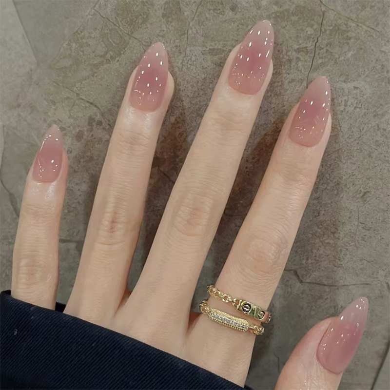 24 faux ongles roses en amande à presser, simples, prêts à poser, pour femme