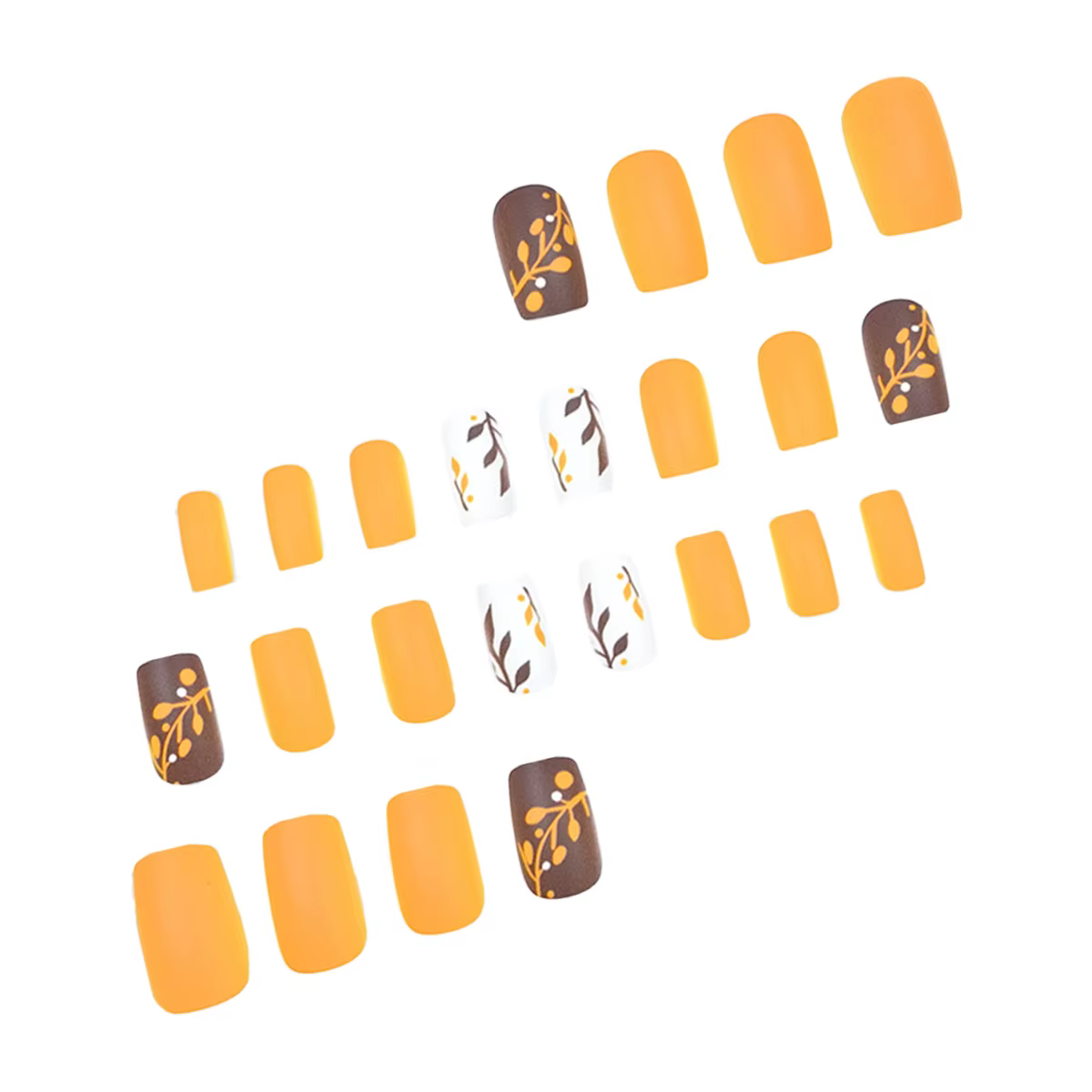 Un ensemble complet de 24 faux ongles carrés courts conçus avec des motifs de feuilles orange de style automne et hiver