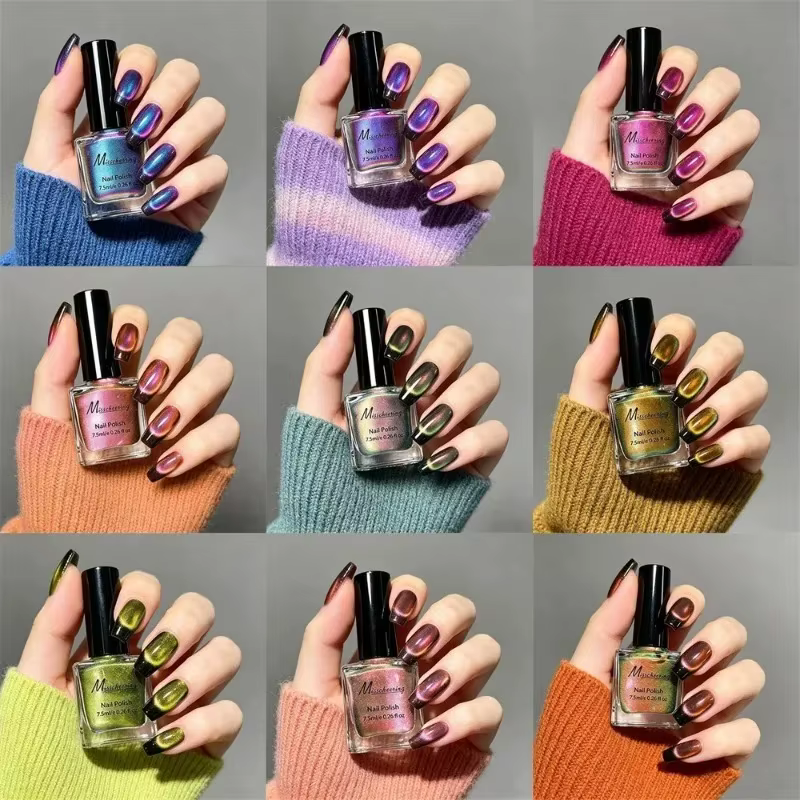 Vernis à ongles magnétique polarisé effet œil de chat bleu irisé