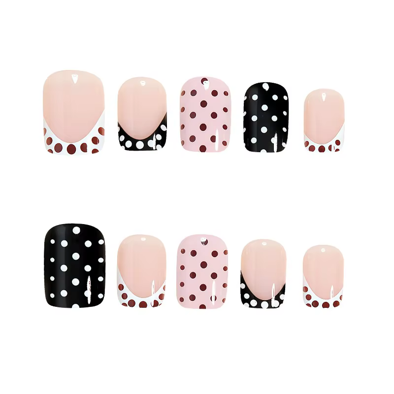 24 faux ongles courts carrés à pois