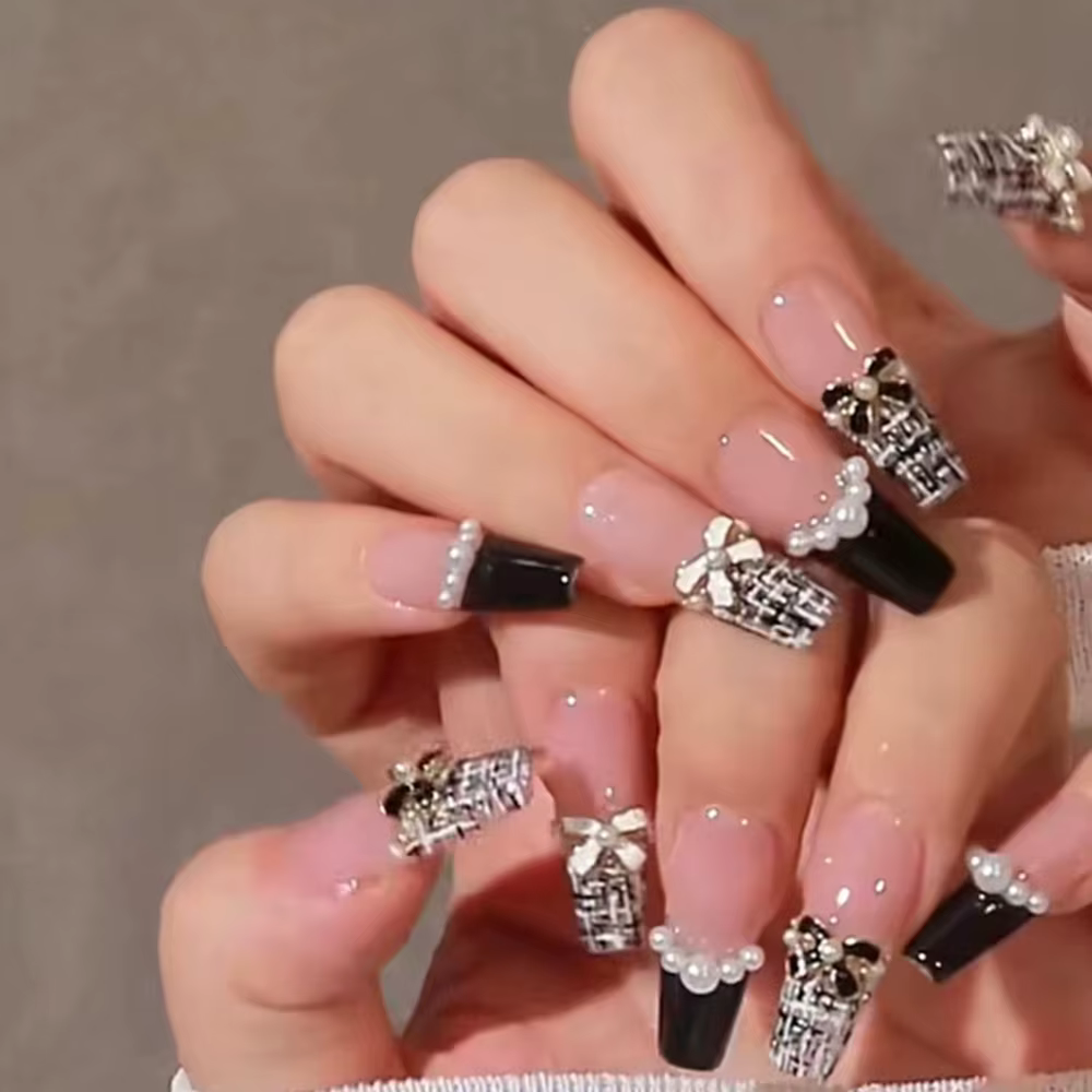 24 pièces noir français presse sur ongles blanc arc perle conception faux