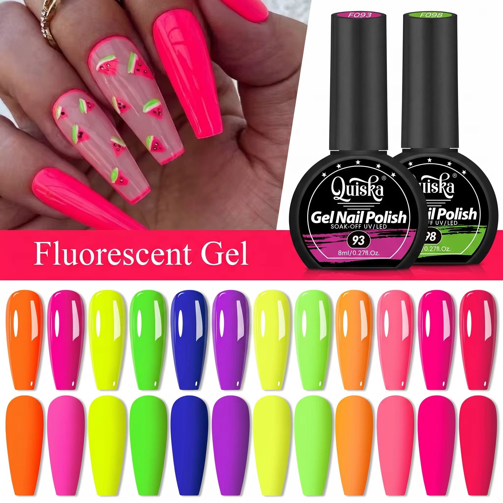 Vernis à ongles fluorescent Quiska 8 ml — Série Néon | Convient à toutes les saisons | Gel durci aux UV | Formule à