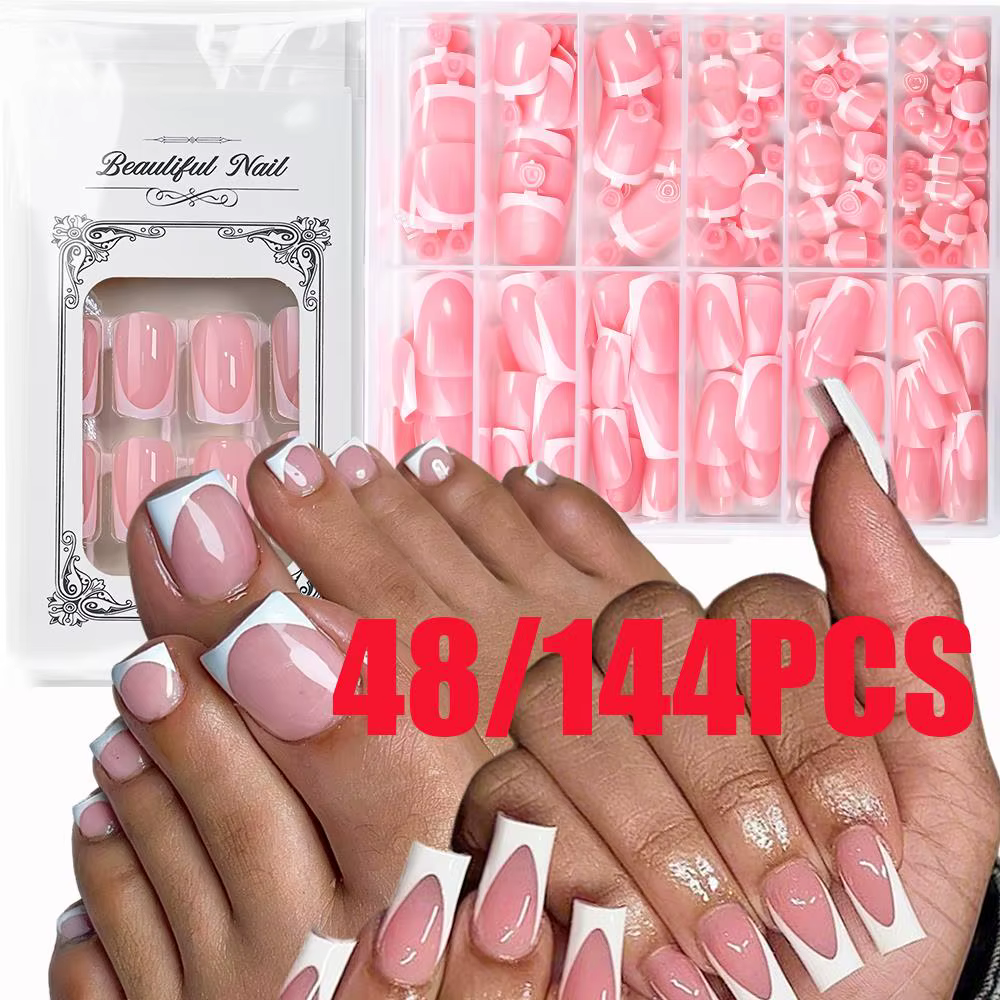 48/144 pièces Faux ongles à presser French Manucure et Pédicure
