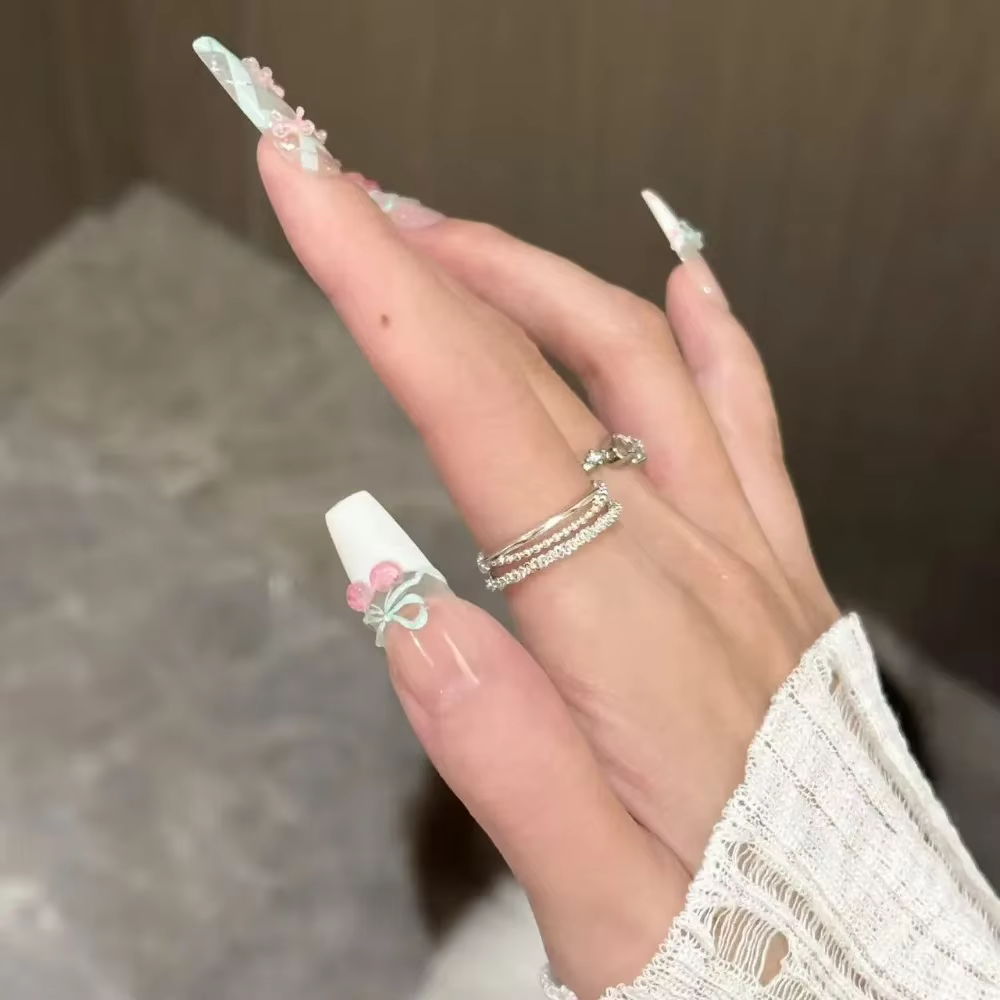 Ongles Press-On 3D Cerise Menthe Printemps-Été Faits Main Français
