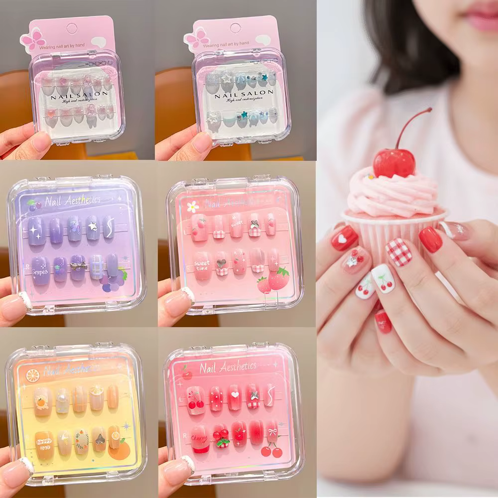 Nouveaux autocollants pour ongles courts en forme de cerise et de nœud
