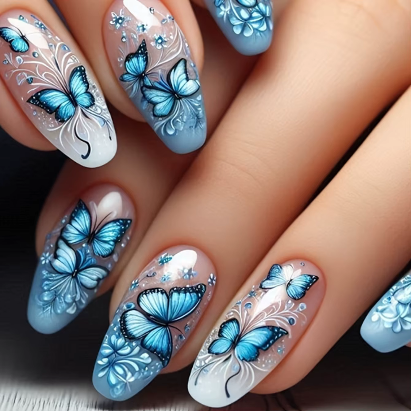 24 faux ongles bleus en forme de ballerine
