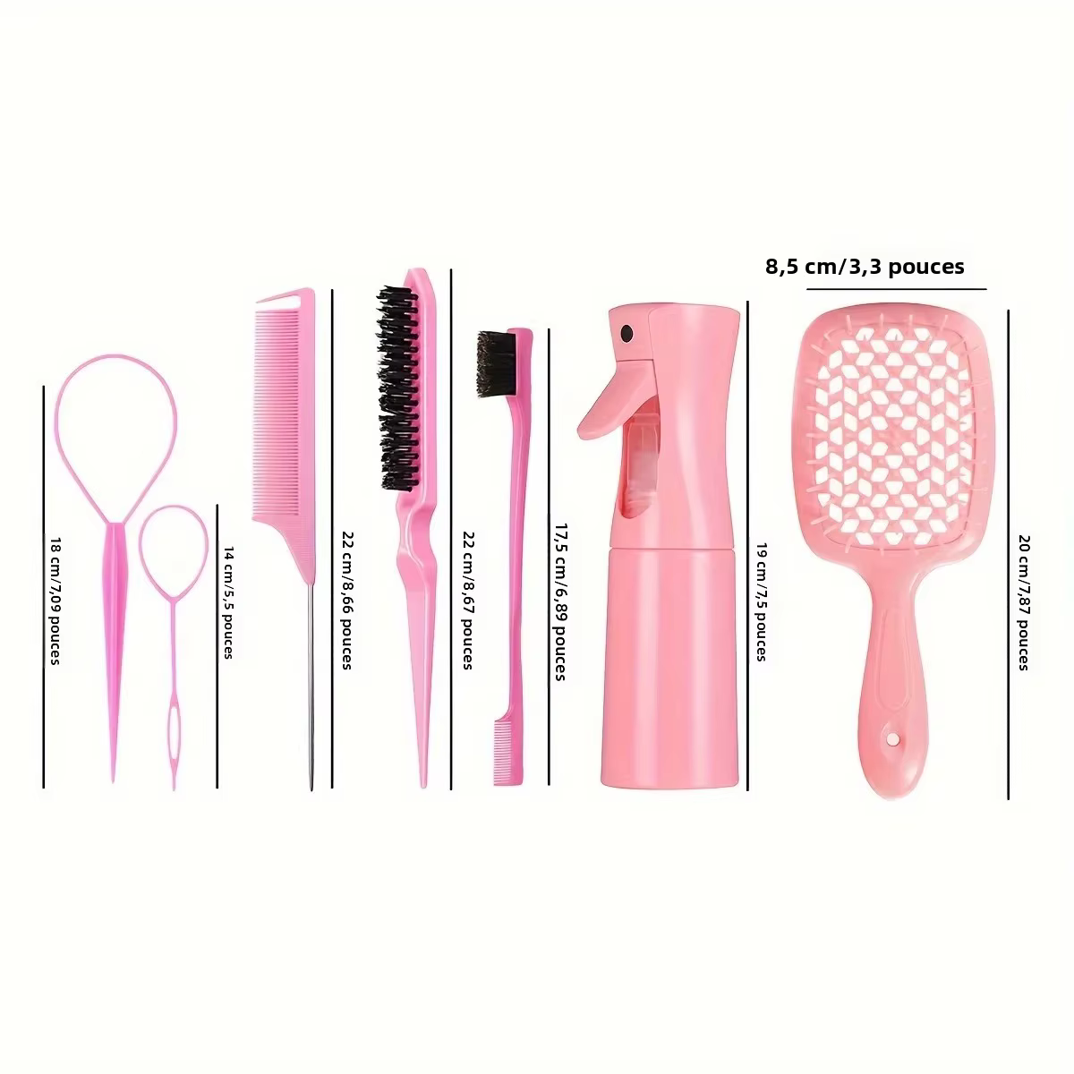 Kit de coiffure pour tous les types de cheveux, ensemble de 7 pièces avec poils de brosse démêlante et brosses à bord Double face, masseur de cuir chevelu pour Salon
