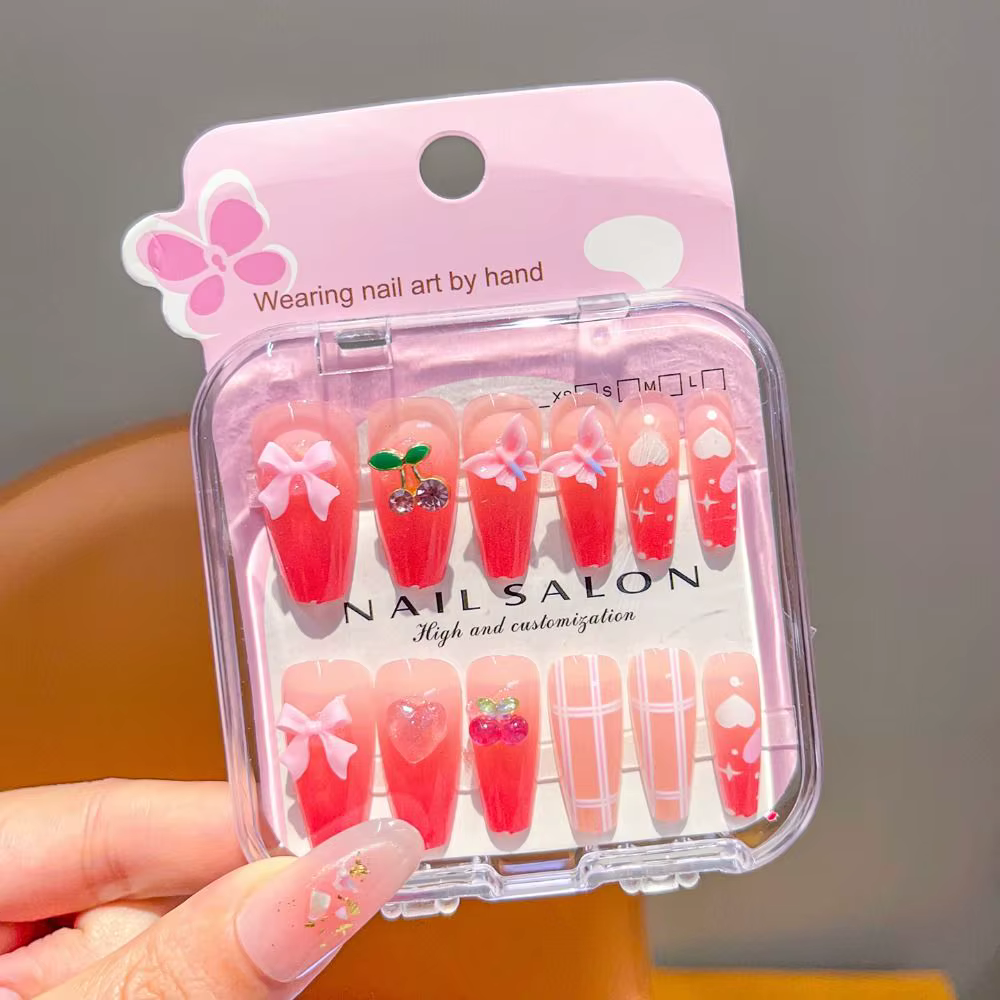 Nouveaux autocollants pour ongles longs en forme de cerise et de cœur