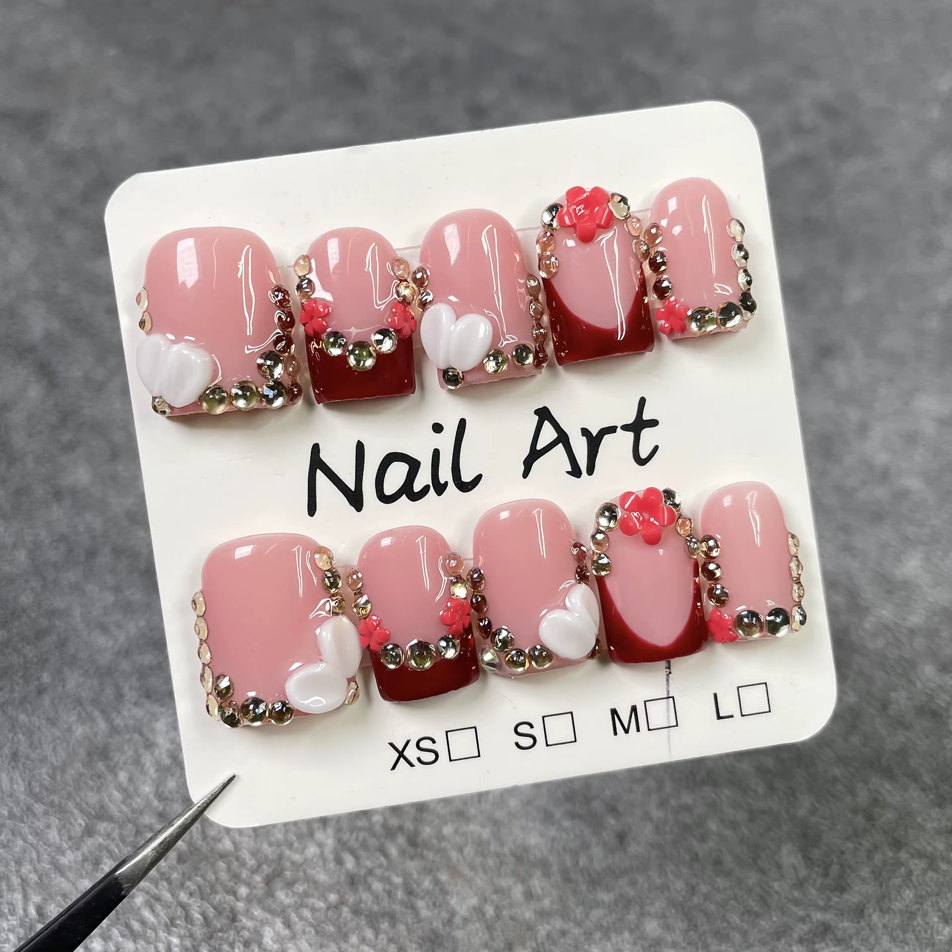 10 pièces cercueil court fait à la main presse sur les ongles avec sculpture 3d fleur conception faux