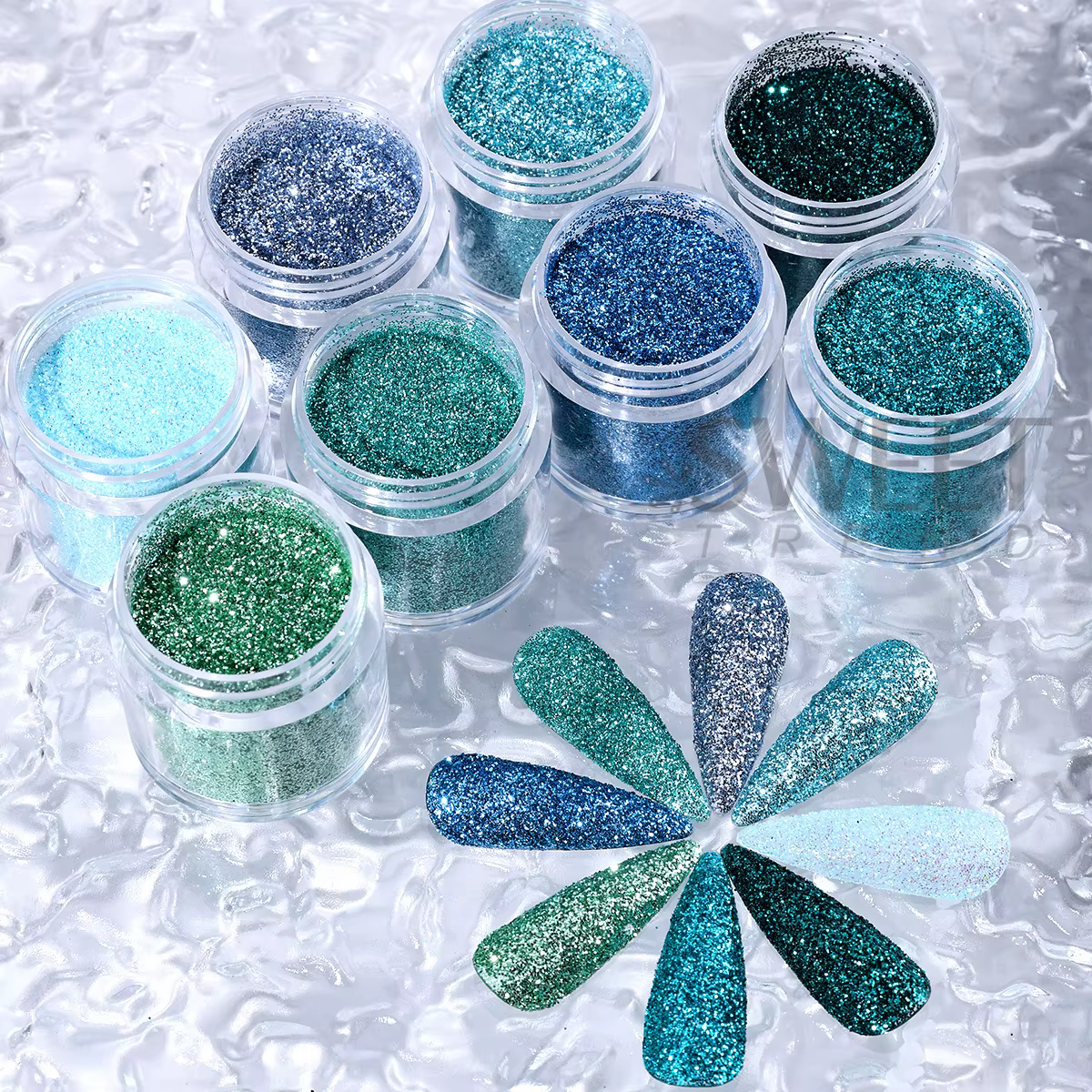 8 Bouteilles de Poudre à Paillettes pour Ongles Série Été Bleu