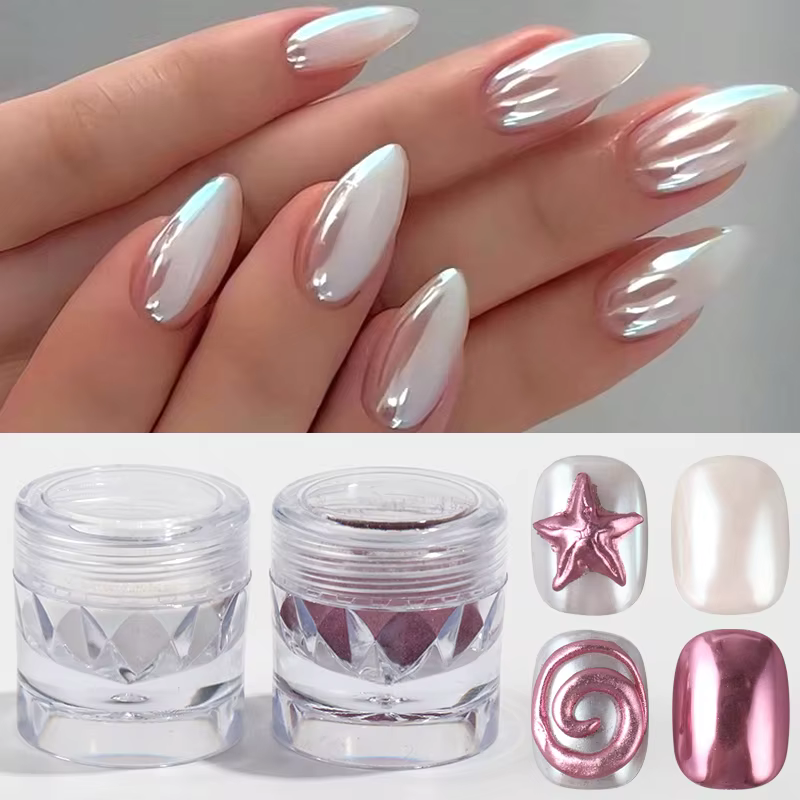 2 boîtes de poudre à ongles rose et blanche chromée