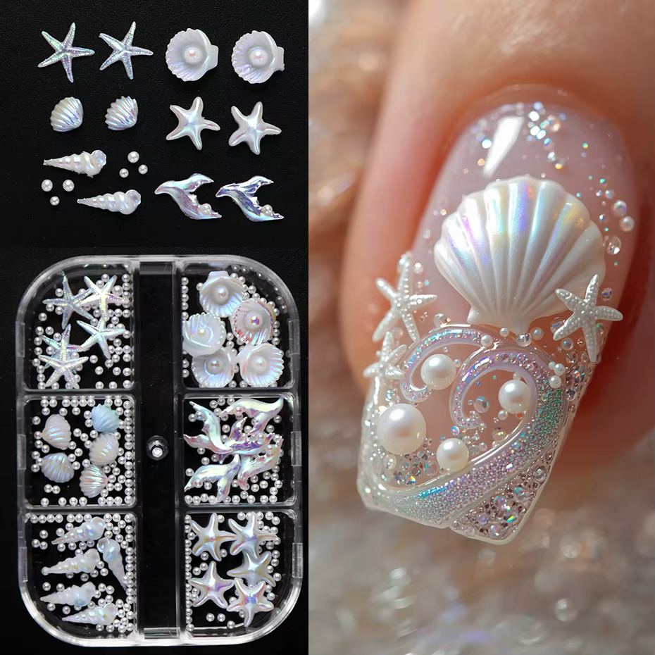 6 grilles de breloques pour ongles en forme de coquillages nacrés