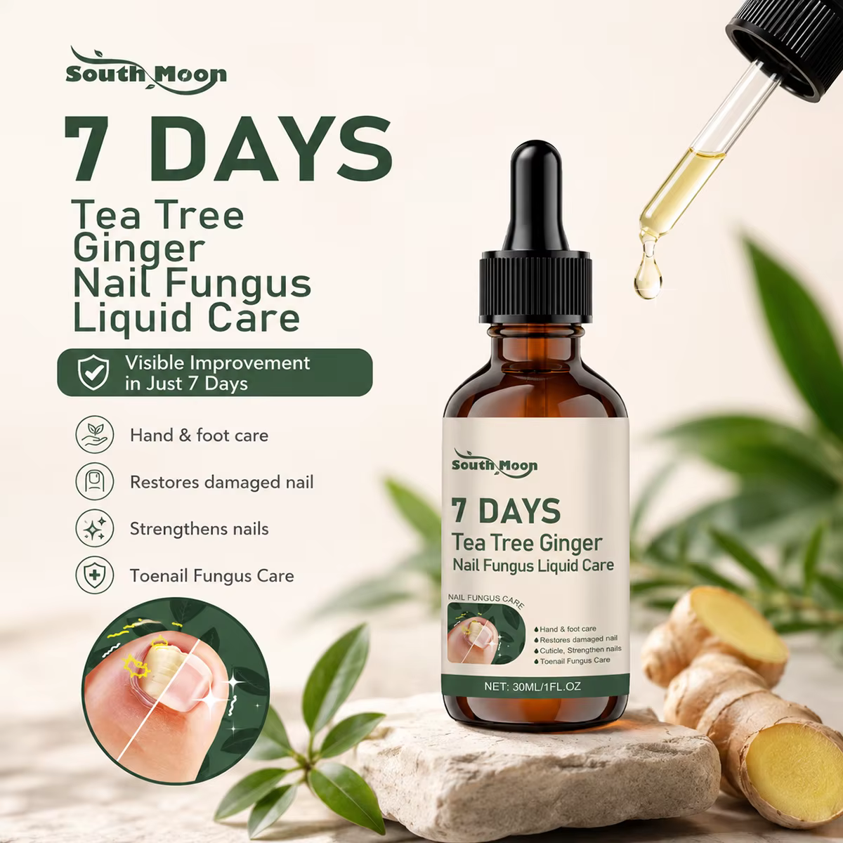 Solution de soin des ongles au gingembre et à l'arbre à thé 30/60 ml – Réparation et entretien de la santé