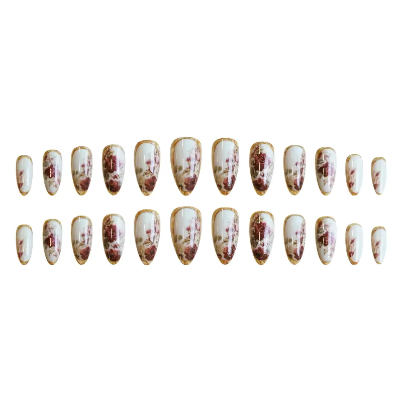 24 pièces ongles à pression avec amande Rose plaquée or Design Floral classique