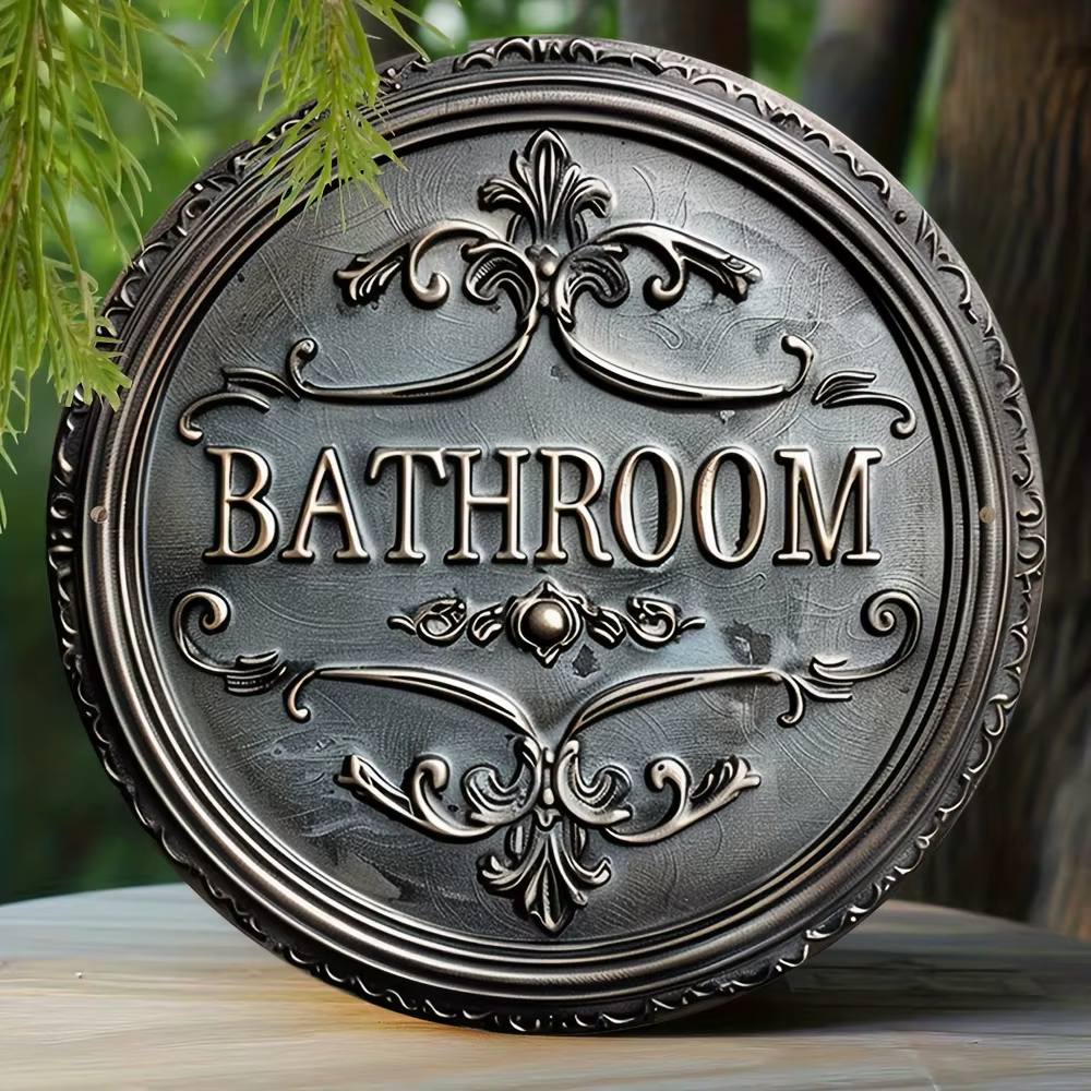 Panneau décoratif de salle de bain de style vintage, 1 plaque métallique ronde 2D, design mural classique, décoration polyvalente pour porte