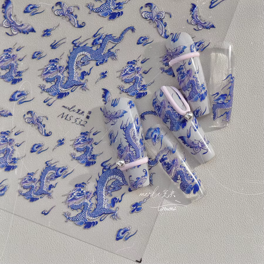 Autocollant pour ongles Dragon en porcelaine bleue et blanche