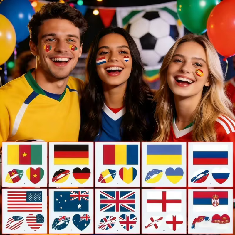 10 feuilles de tatouages temporaires pour le visage, série drapeaux nationaux, pour hommes et femmes, faux tatouages pour le visage et le bras, Brésil, Russie, Amérique, Allemagne, matchs de football