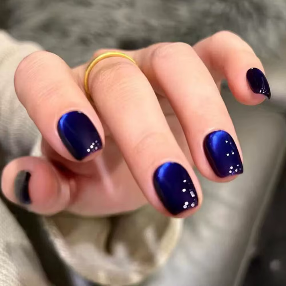 30 pièces oeil de chat bleu portable presse sur ongles court carré couverture complète faux