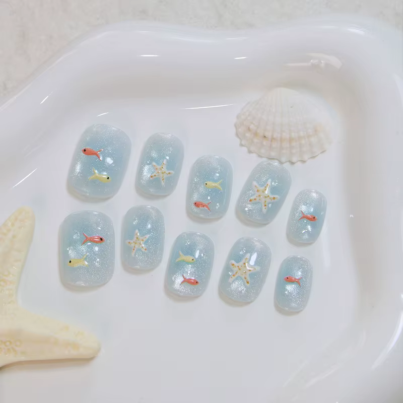 10 pièces 【Ocean Love】 Faux ongles à presser effet œil de chat