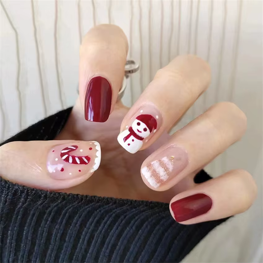 24 pièces/ensemble français court carré acrylique portant des faux ongles couverture complète adhésif