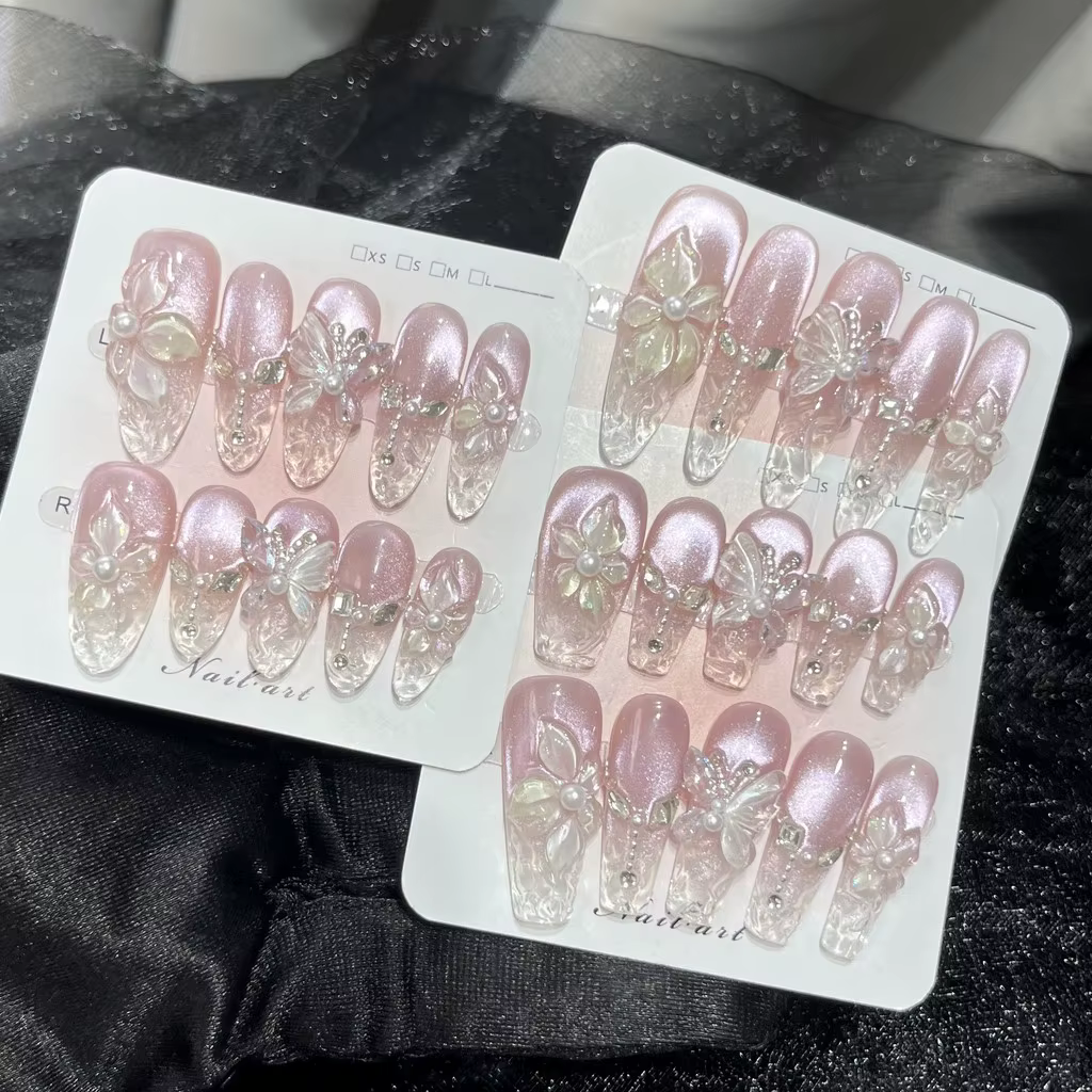 Faux ongles à presser faits main motif fleur de Bauhinia 3D printemps