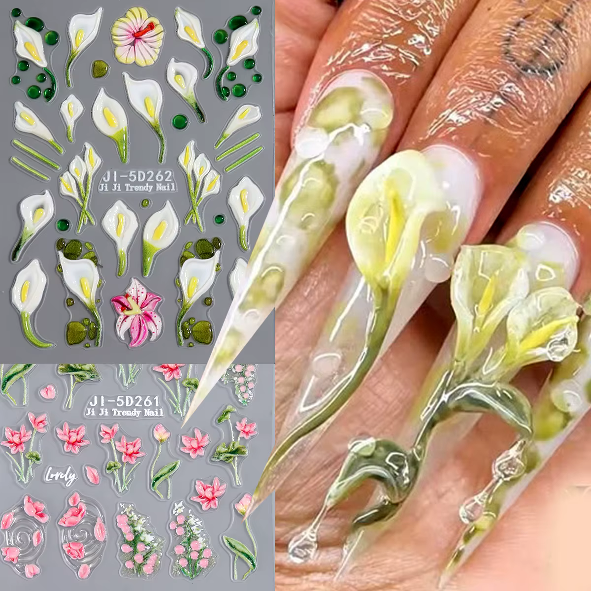 Autocollants pour ongles 5D printemps-été à motifs floraux roses et léopard