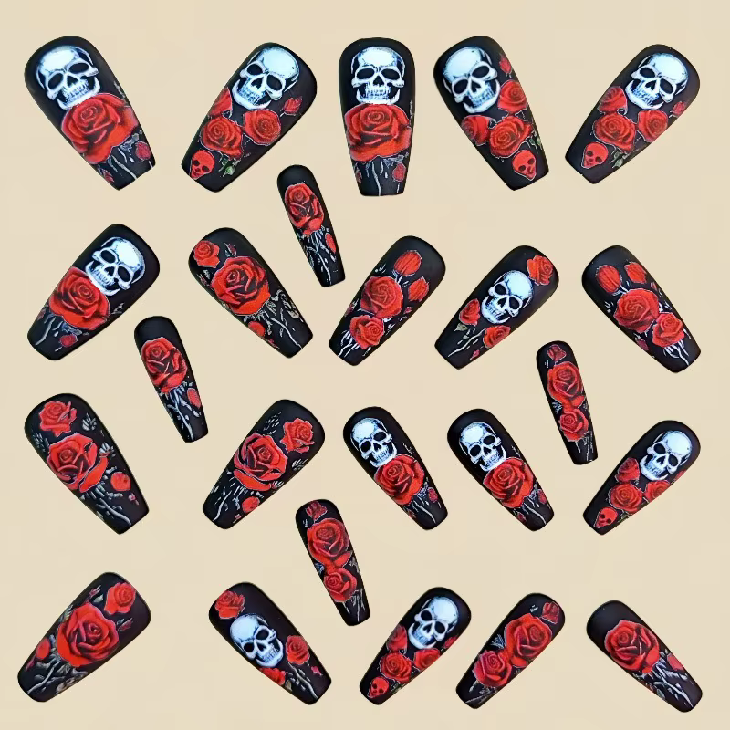 24 Halloween Nail Art Ongles de ballet mi-longs Press Ons avec design Rose rouge Skullpcs Faux