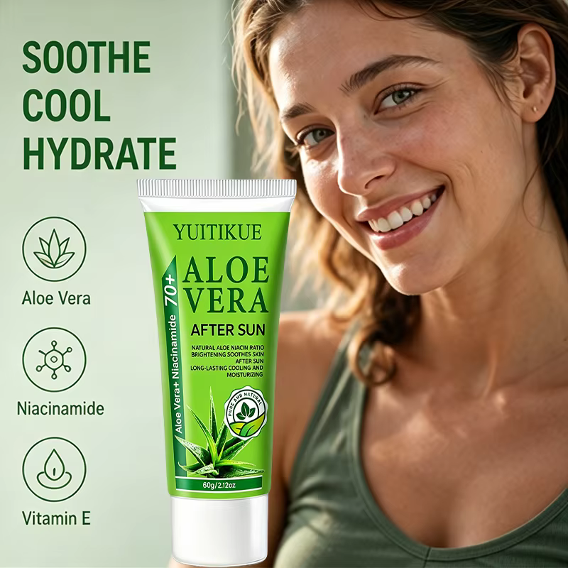 YUITIKUE 70+ Gel Après-Soleil à l'Aloe Vera et Niacinamide, Rafraîchissant, Apaisant, Hydratant Longue Durée pour le Visage et le Corps, Peaux Exposées au Soleil, 60g