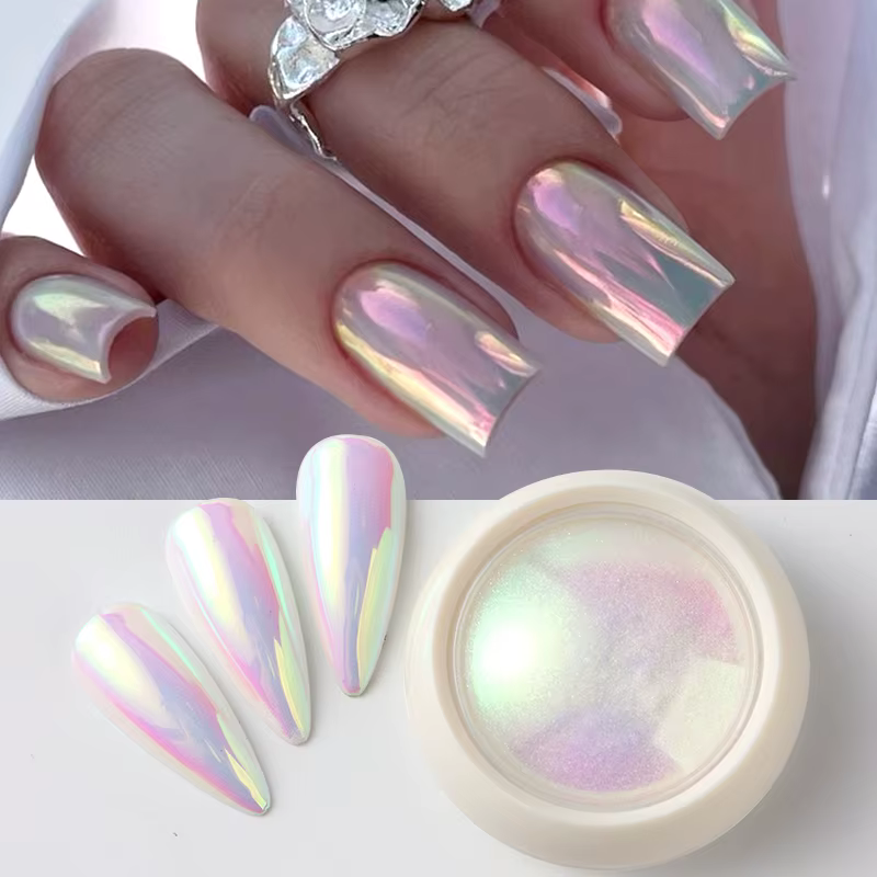 Poudre à ongles chromée sirène irisée