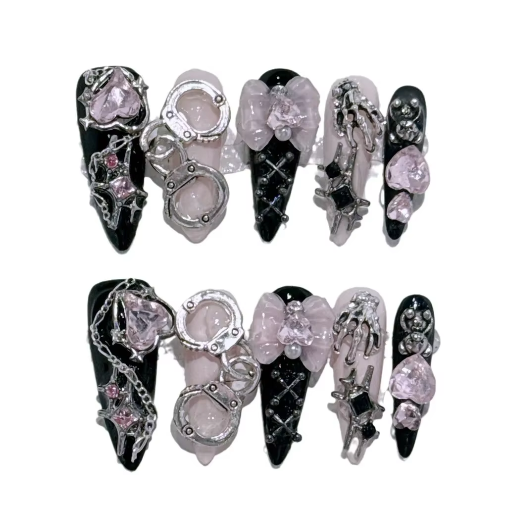 10pcs d'Ongles Faux Faits Main Noirs Roses Longs Pointus y2k Hot Girl Sweet Cool Ongles Portables