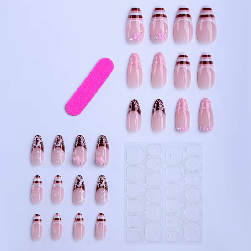 24 faux ongles roses mignons 3D en forme de fleur et d'étoile